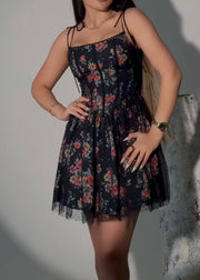 Printed Mesh Stitching Tied Waist Shaping Slim Fit Dress
