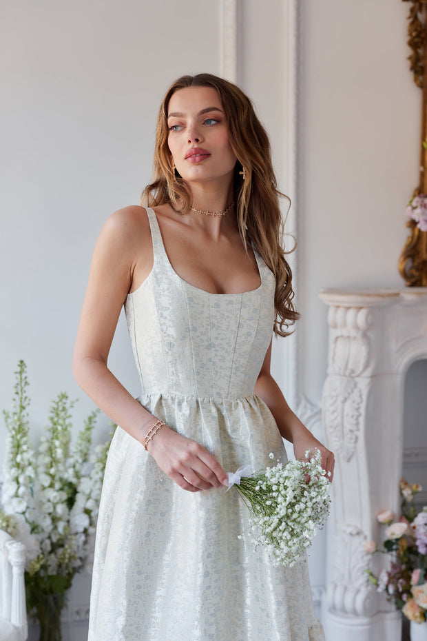 The Avery Dress in Light Blue Duchess