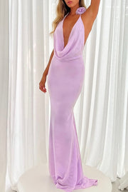 Sexy Halter Three-Dimensional Flower Swing Collar Sheath Solid Color Dress