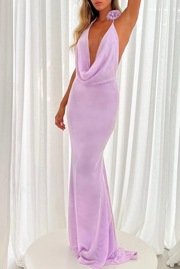 Sexy Halter Three-Dimensional Flower Swing Collar Sheath Solid Color Dress