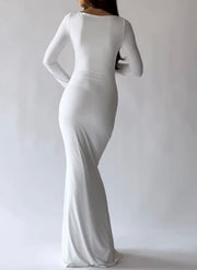 Fashion Sexy Temperament Tight-Fitting Cinched Streamer Long-Sleeve round-Collar Dress