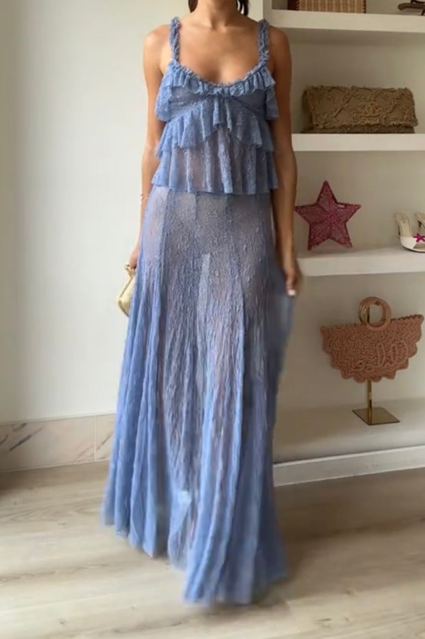 Transparent Lace Laminated Top and Skirt Suit