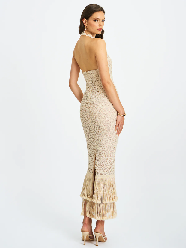 Sexy Deep V Lace Halter Fringed Sheath Dress