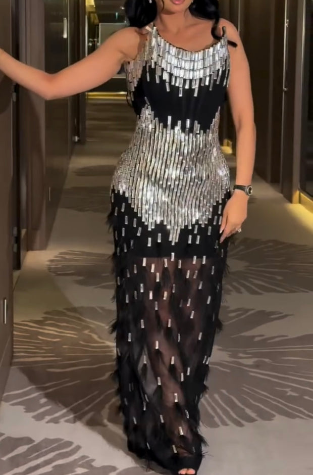 Graceful Tube Top Heavy Industry Shiny Diamond Stitching Mesh Dress