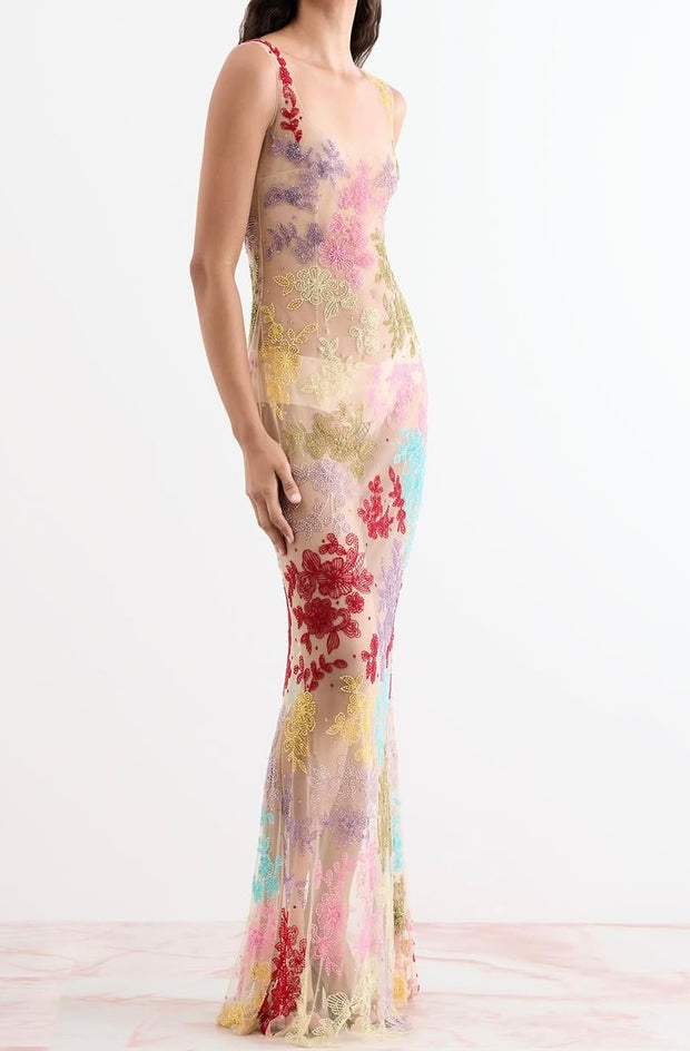 Sexy Straps Tulle Printed Embroidered Beads Sheath Dress