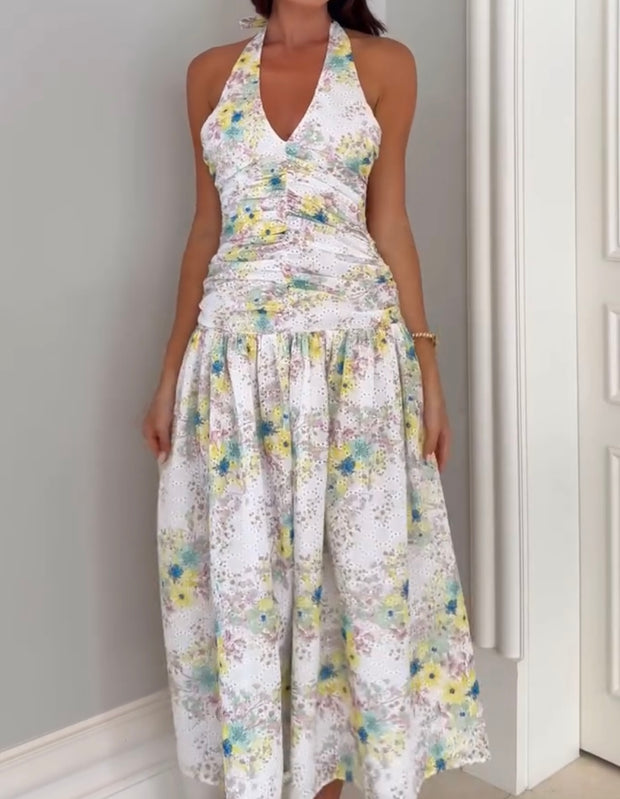 Elegant Printed Halter Girdle Dress
