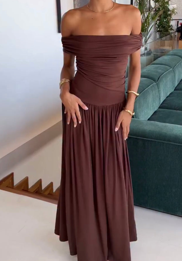 Solid Color off-Shoulder Elegant Shoulder-Baring Bandeau Slim-Fit Long Dress