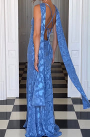 Elegant Tied Sleeveless Personalized Printed Backless Waist Trimming Sheath Fishtail Dress