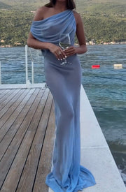 Blue Sloping Shoulder Mesh Slightly See-through Dress