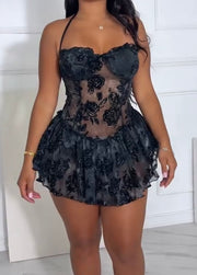Sexy Halter Printing Lace See-through Dress