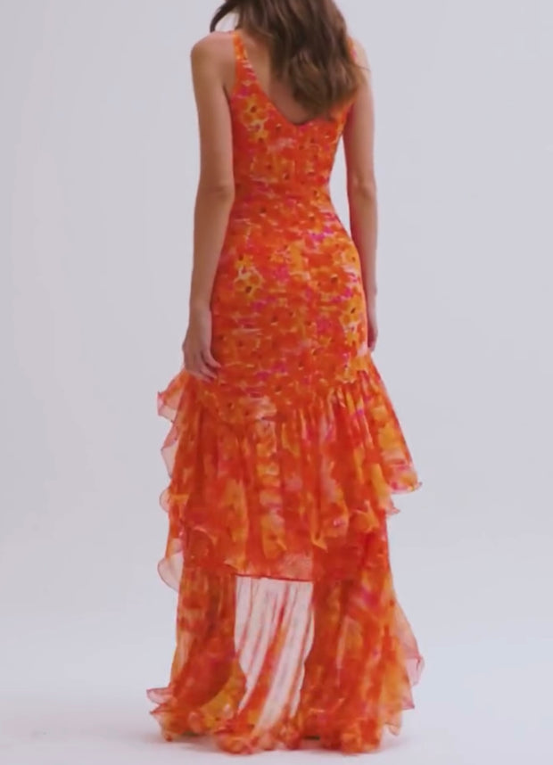 Summer Printed V-neck Ruffled Dress