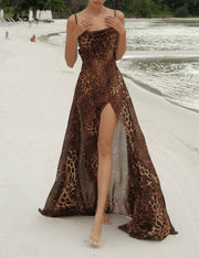 Fashion Leopard Print Backless Slit Sexy Sling Dress