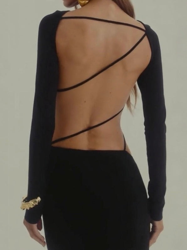 Casual Temperament Long Sleeve Strap Backless Sheath Dress