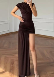 Slim-Fit Ribbon round Neck Pleated Hip Irregular Sleeveless Dress