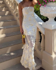 Yellow Three-Dimensional Jacquard See-through Mesh Tube Top Dress Elegant Party Holiday Dress Dress