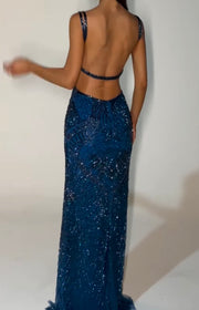 Sexy Suspender Stripes Embroidered Sequins Split Dress