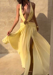Sexy Neck Wrap Deep V-neck Hollow-out Bare Back Dress