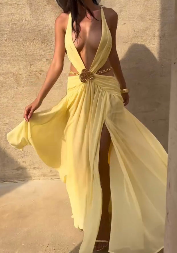 Sexy Neck Wrap Deep V-neck Hollow-out Bare Back Dress