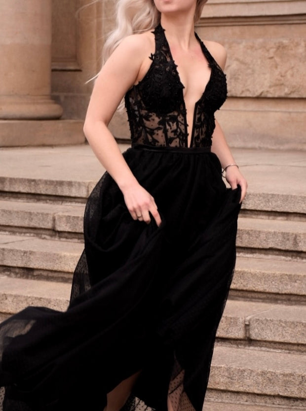 Sexy Halter Lace Stitching Sleeveless Elegant Dress