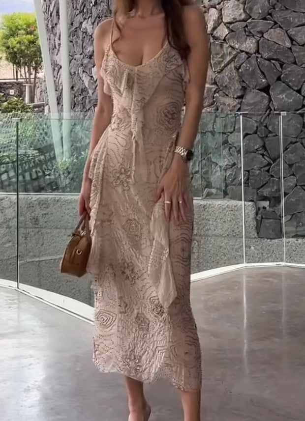 Elegant Beaded Layered Sleeveless Sling Dress