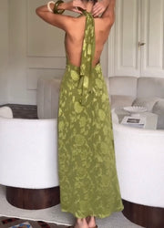 Halter Sleeveless Elegant Waist Trimming Printing Green Dress