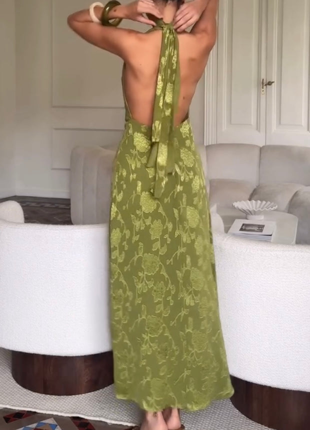Halter Sleeveless Elegant Waist Trimming Printing Green Dress