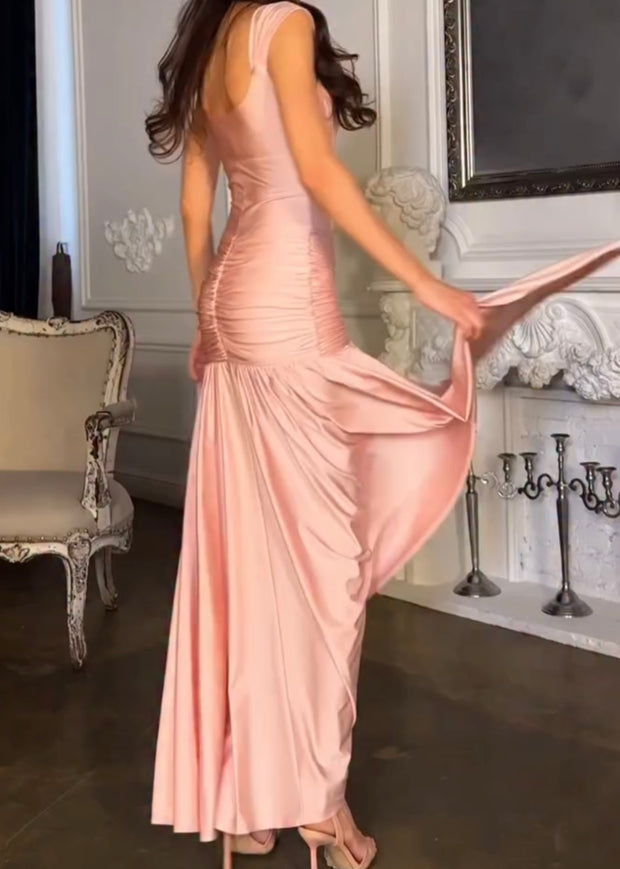 Sexy V-neck Sleeveless Waist-Tight Pleating High Slit Large Swing Dress