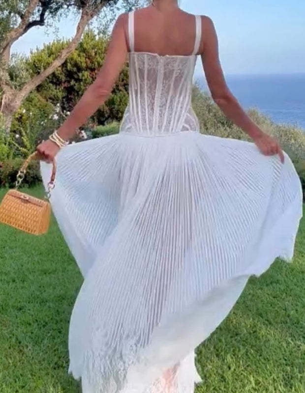 Sexy Temperament Lace Fishbone Sling Pleated Dress