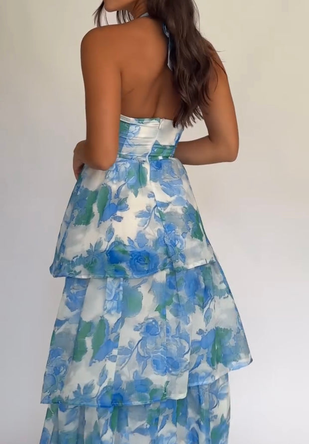 Elegant Spaghetti Straps Chest Wrap Printed Ruffled Dress