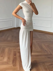 Slim-Fit Ribbon round Neck Pleated Hip Irregular Sleeveless Dress