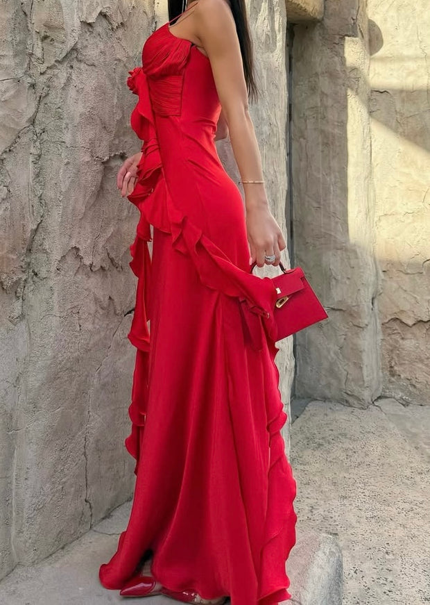 Fashionable Elegant Slim-Fit Flower Ribbon Satin Sling Dress