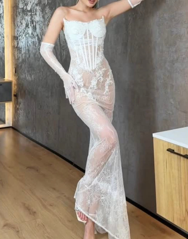 White Lace Fishbone Embroidered Sequin High Waist Slim Fit Party Gathering Banquet Evening Dress