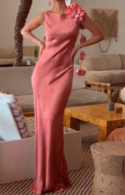 Elegant One-Neck Shoulder Three-Dimensional Flower Ribbon Dress