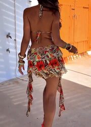 Sexy Halter Ruffled Hollow Leopard Print Dress