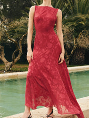 Lace Backless Slim Fit Jacquard Red Irregular Dress
