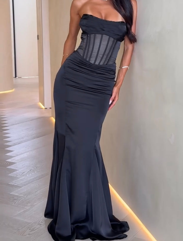 Sexy Bandeau Lace Fishbone Sheath Pleated Dress