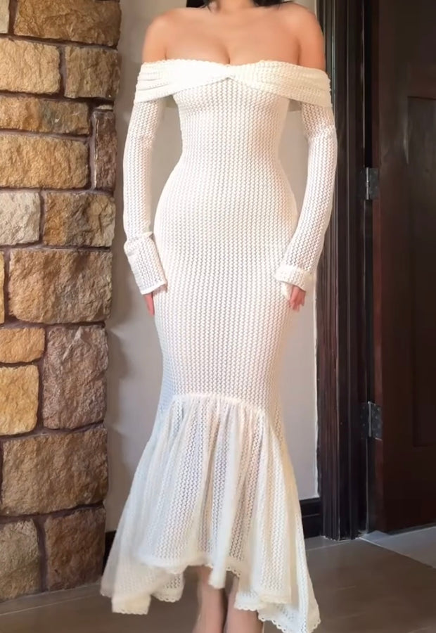 Fashionable Knitted off-Neck Waist Tight Dress
