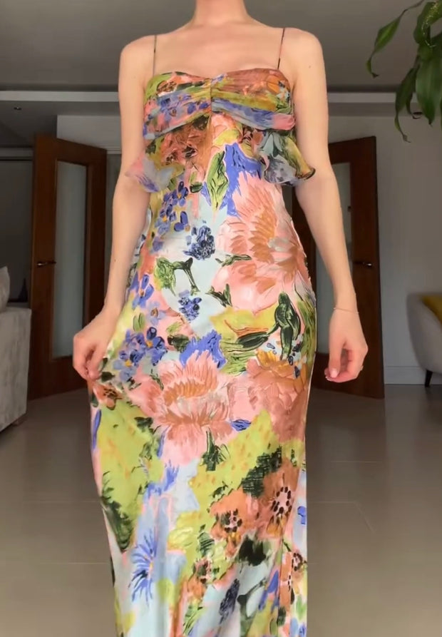 Sexy Spaghetti-Strap Floral Print Chest-Wrapped Ruffled Dress