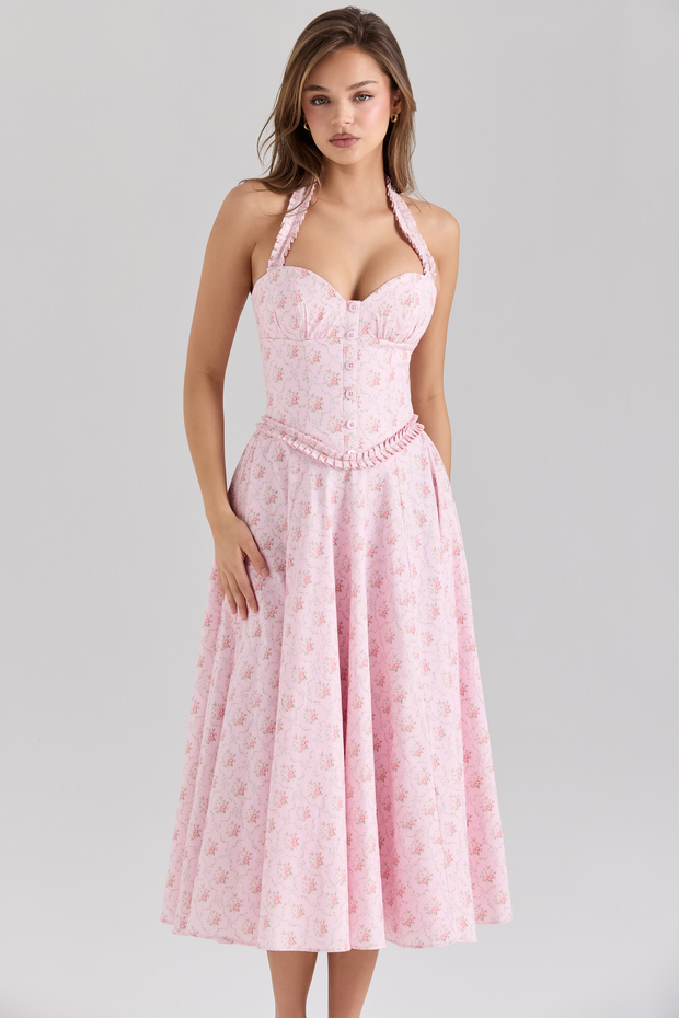 Sexy Halter Button Printed High-End Dress