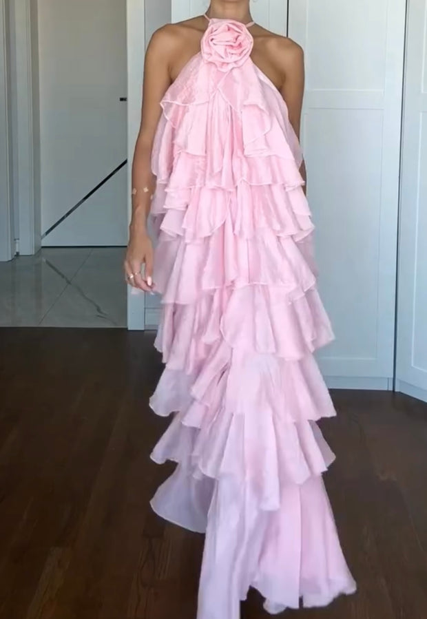 Flower Decoration Laminated Backless Halter Dress