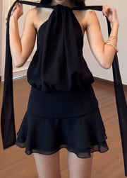 Elegant Halter Vest Sleeveless High Waist Lotus Leaf Skirt