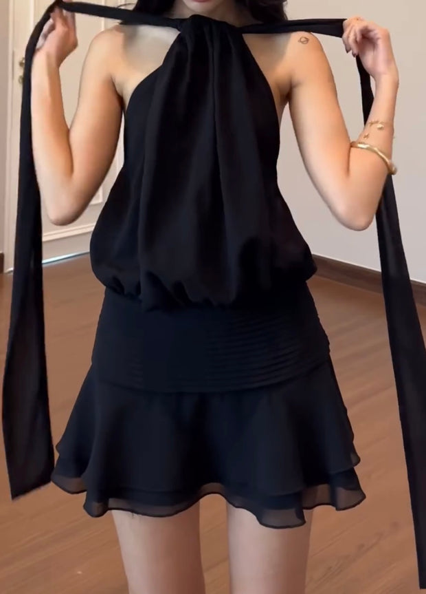 Elegant Halter Vest Sleeveless High Waist Lotus Leaf Skirt