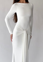 Fashion Sexy Temperament Tight-Fitting Cinched Streamer Long-Sleeve round-Collar Dress