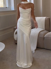 Tube Top Sleeveless Pleated Slim White Simple Dress