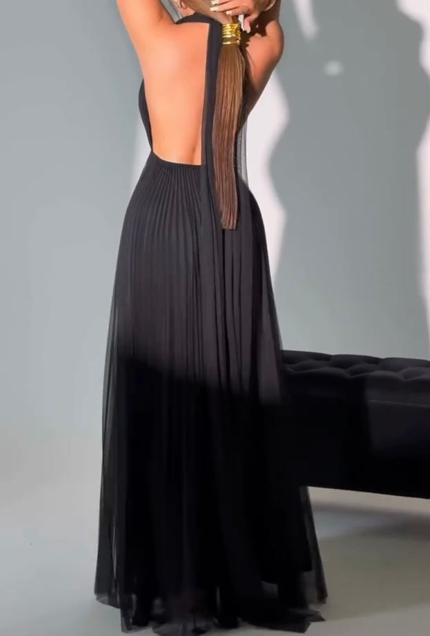 V-neck Halter Sleeveless Temperament Waist-Controlled Slimming Dress