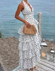 Polka-Dot Slim-Fit V-neck Halter Cake Dress