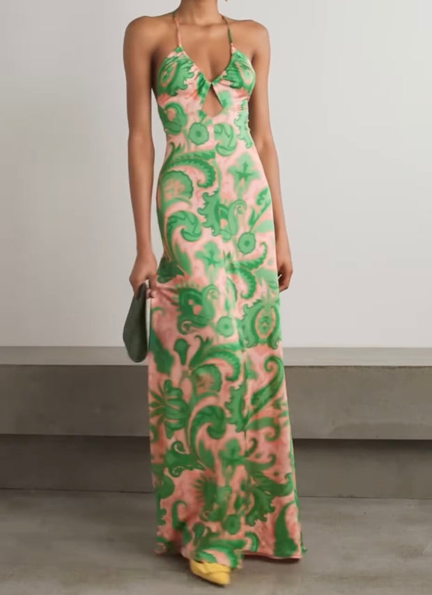 Sexy Halter Hollow Print Girdle Dress