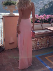 Fashion Hot Girl Deep V Halter Pleated Backless Irregular Dress