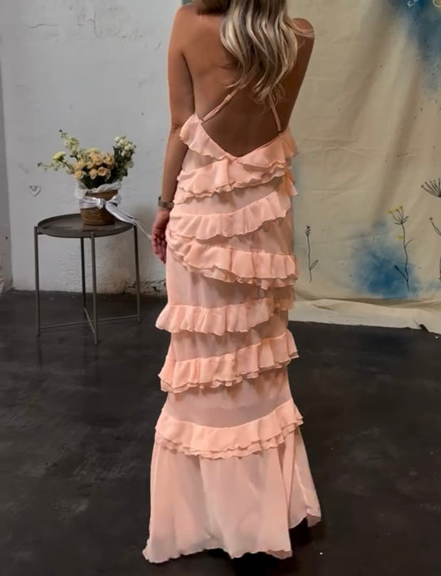 Sexy Solid Color Sleeveless Sling Wrap Neck Backless Dress