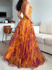 Elegant Graceful Sleeveless Tube Top Fishbone Vest Printed Pleated Large Swing Skirt Suit